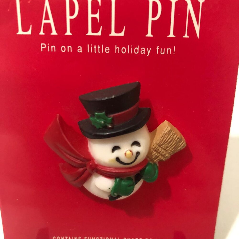 Vintage Hallmark Holiday Snowman w/ Top Hat, Scarf, Broom Latch Back Lapel Pin
